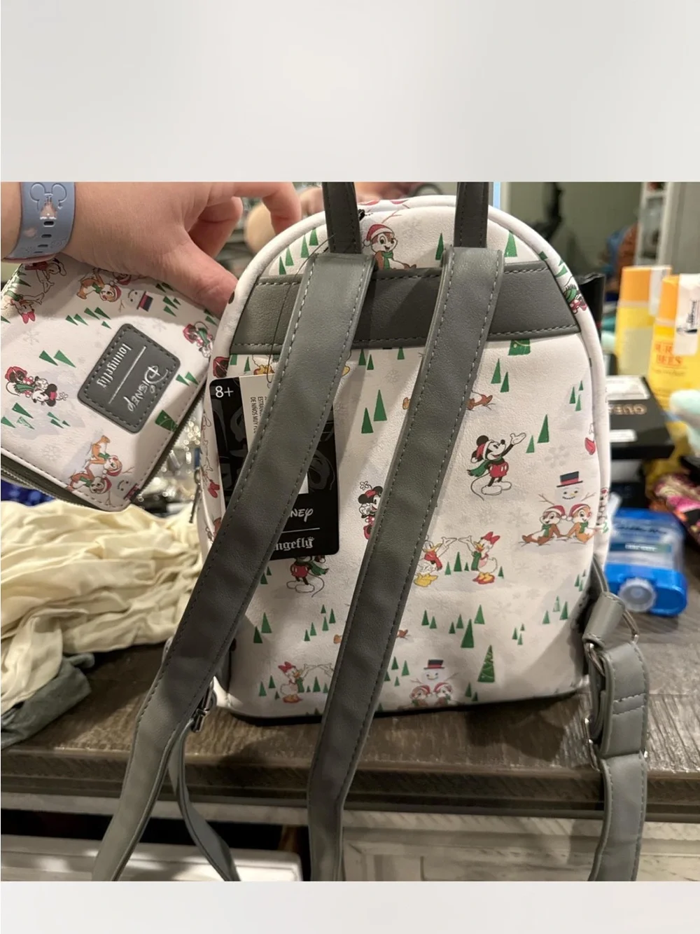 New Disney x Loungefly White Mini Backpack and wallet set with Holiday Print